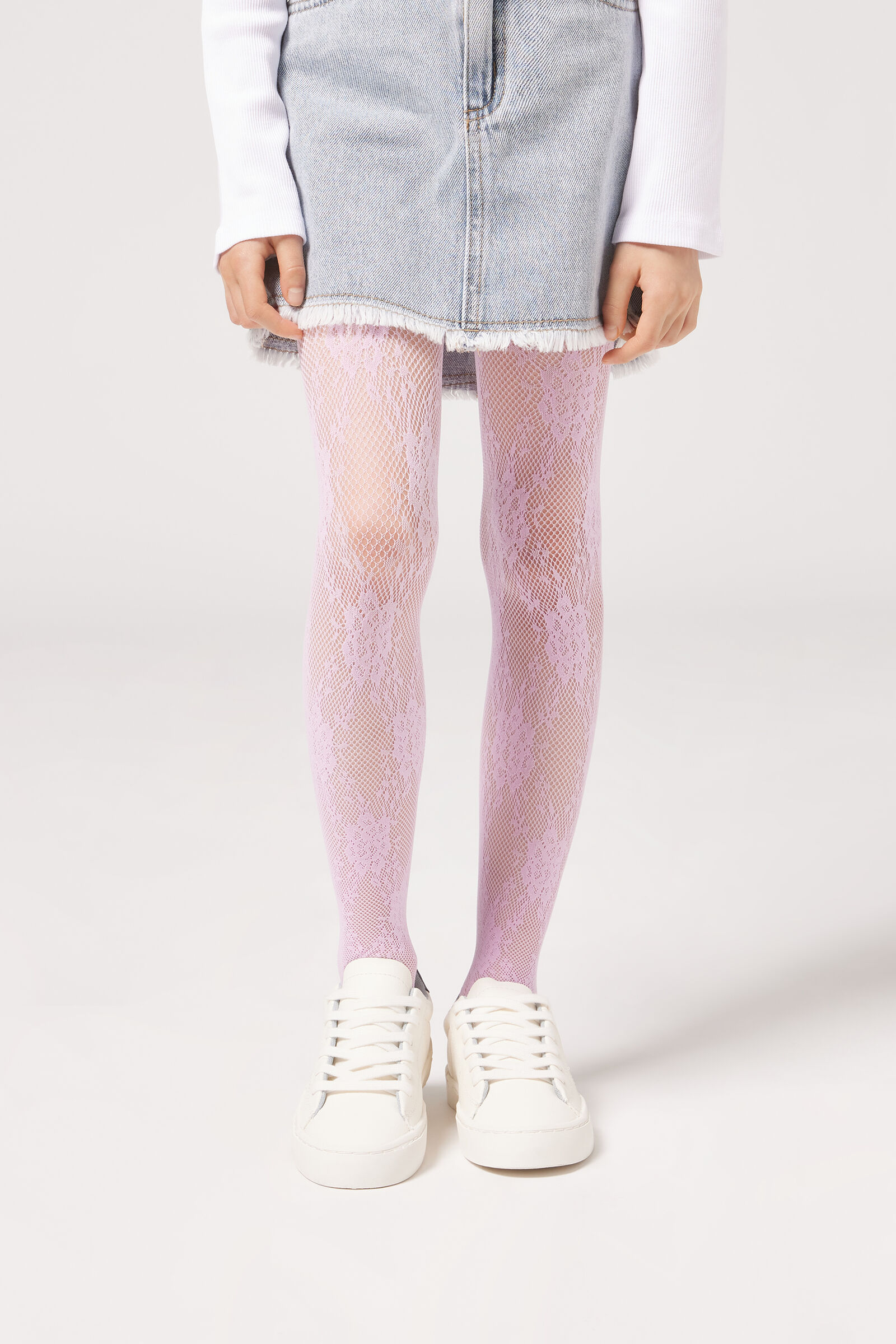 meia-calça com padrão de renda floral infantil - rosa