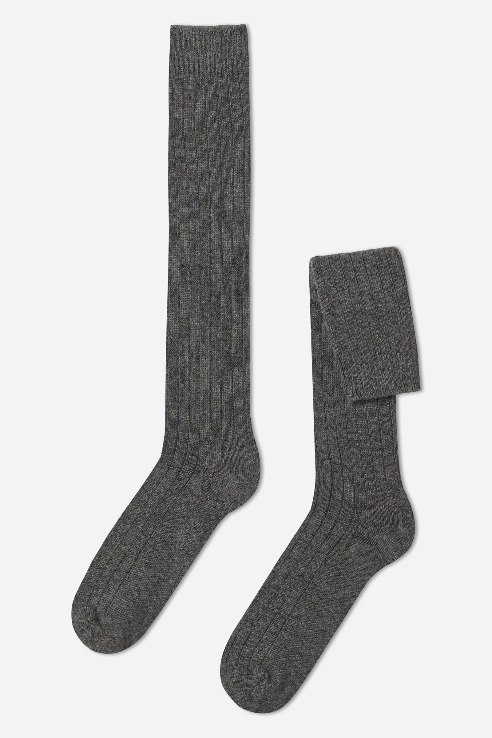 meia cano alto canelada em lã e cashmere - cinza