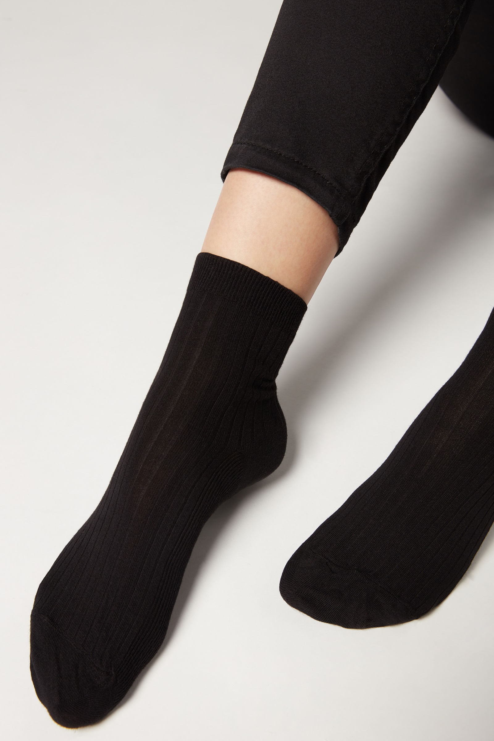 meias curtas canelada com algodão e cashmere - preto