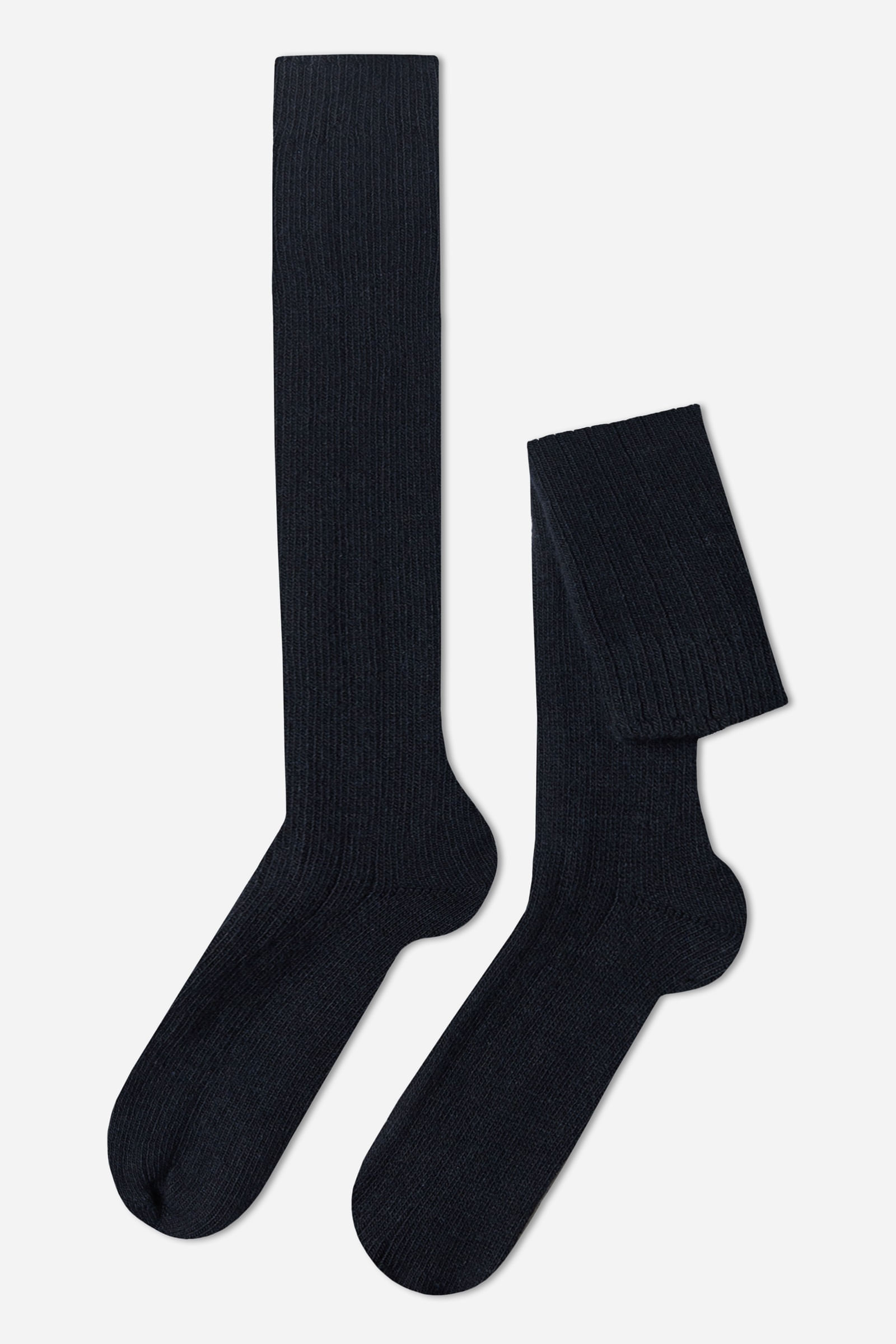 meia cano alto canelada em lã e cashmere - azul