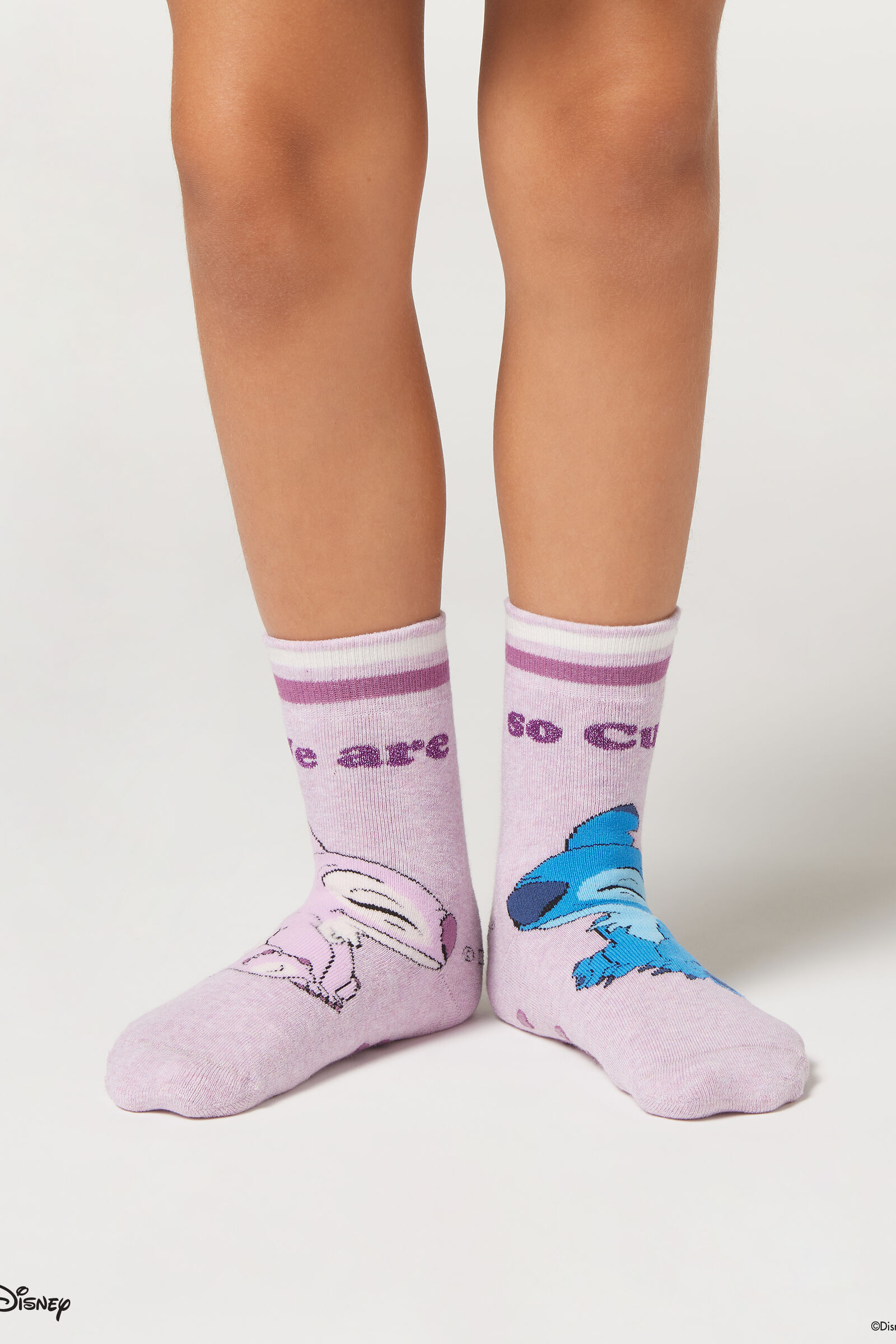 meia antiderrapante stitch infantil - rosa