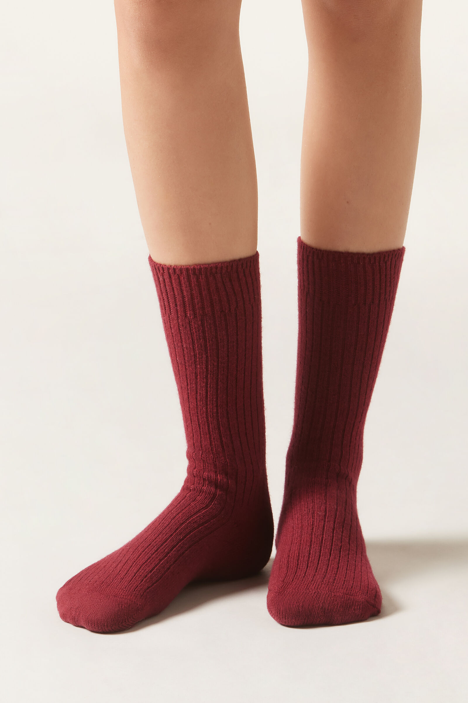 meia curta canelada em lã e cashmere - vermelho