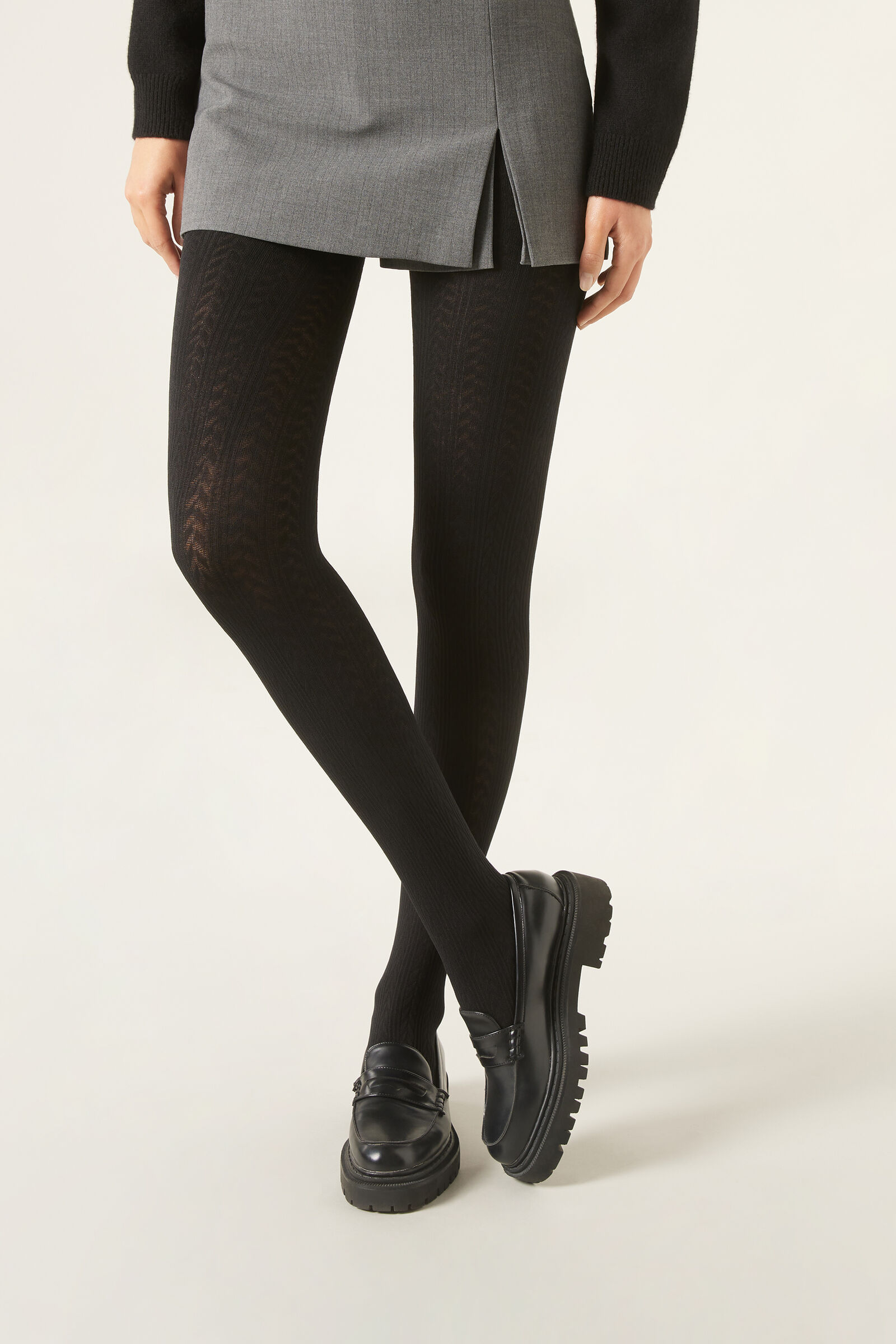 meia-calça opaca térmica trançada - preto