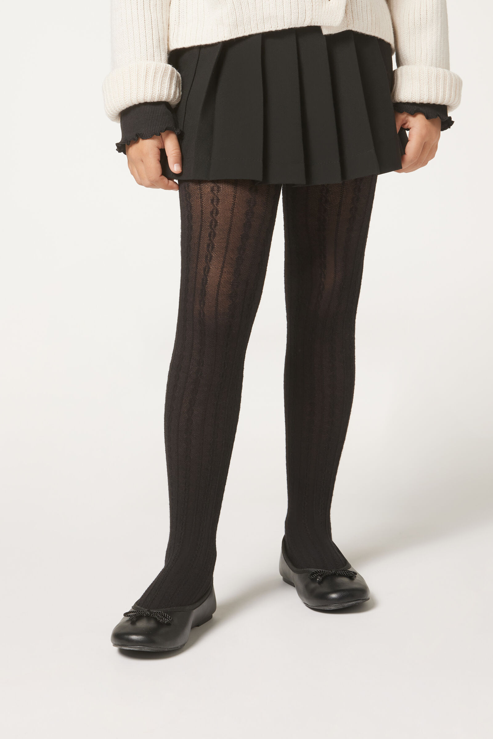 meia-calça com padrão trançado com cashmere infantil - preto