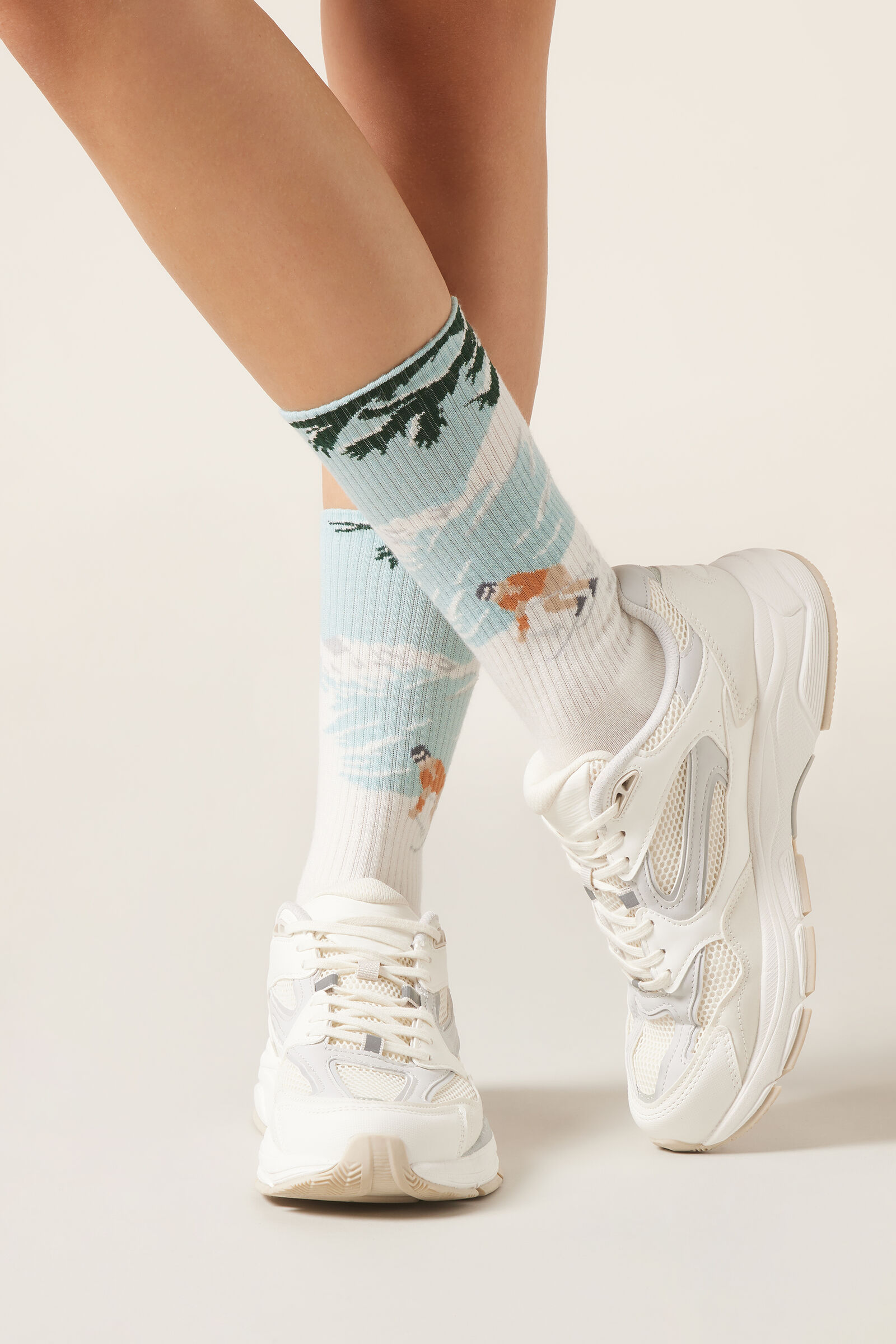 meia com cashmere e estampa de montanha - branco