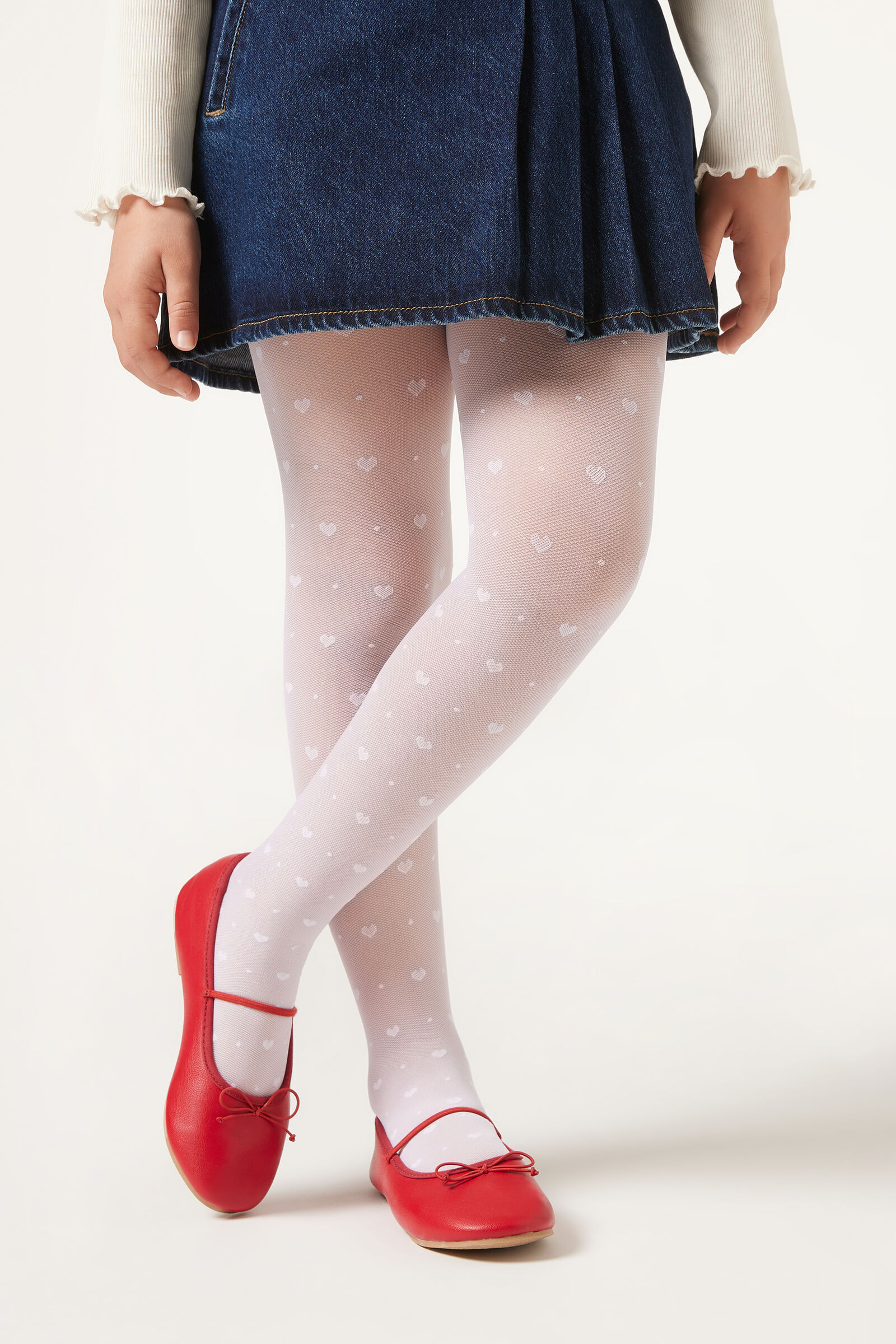 meia-calça de poás de coração infantil - branco