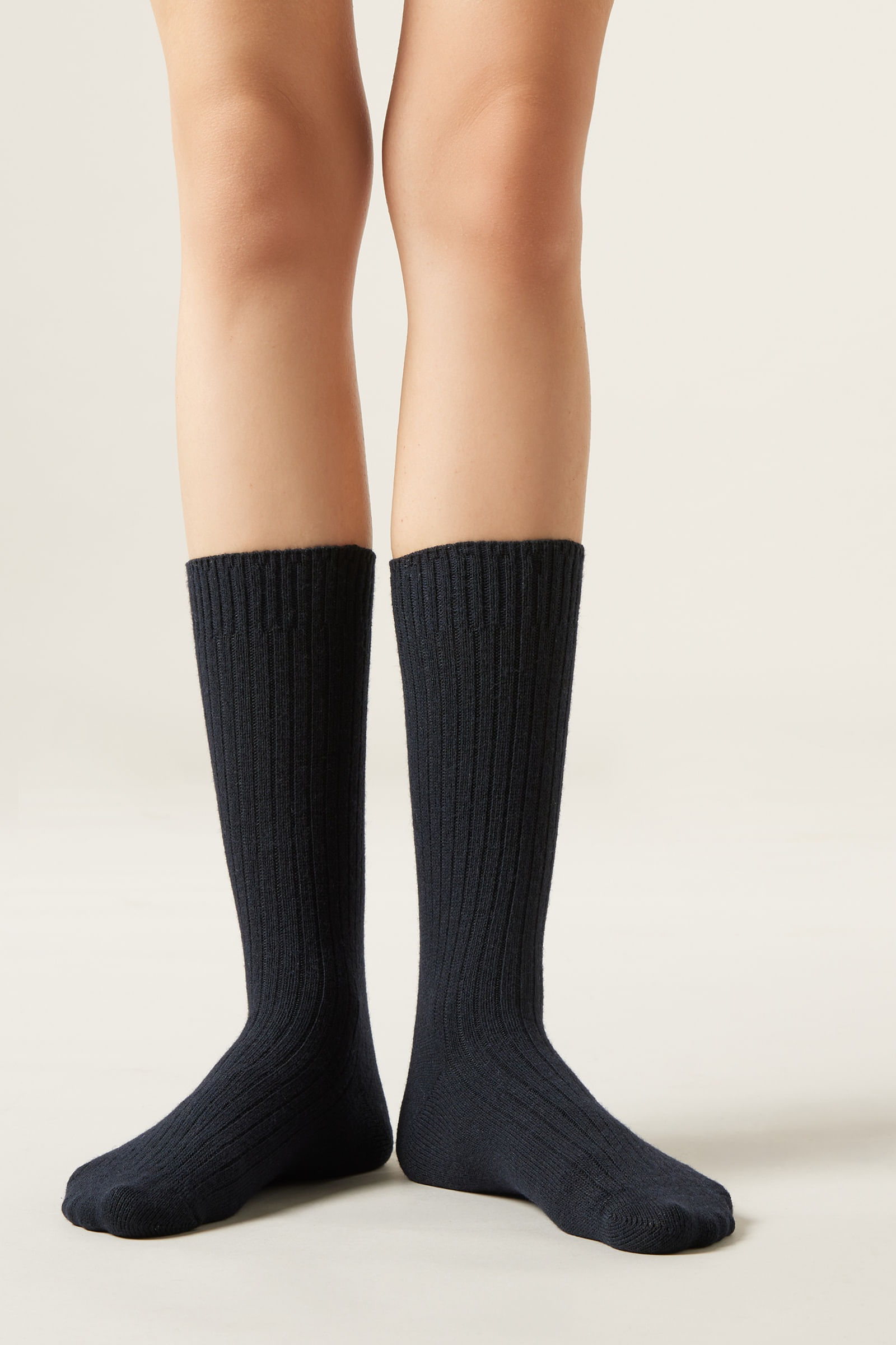 meia curta canelada em lã e cashmere - azul