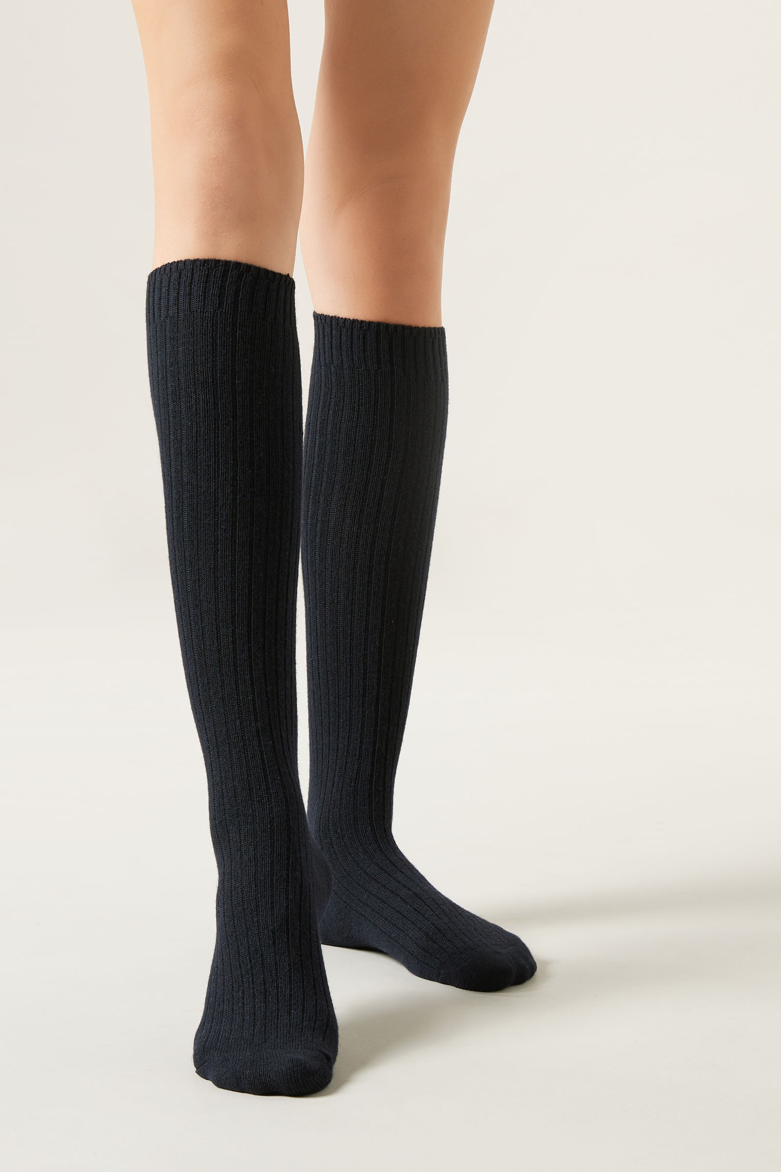 meia longa canelada em lã e cashmere - azul